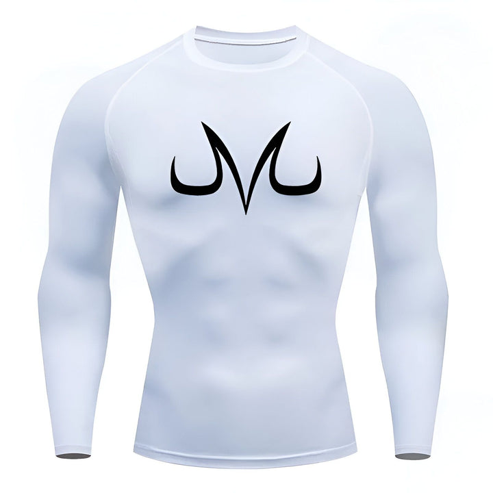 Une image d'un t-shirt moulant blanc à manches longues avec un symbole noir de Majin Buu, un personnage de la série animée japonaise Dragon Ball Z.