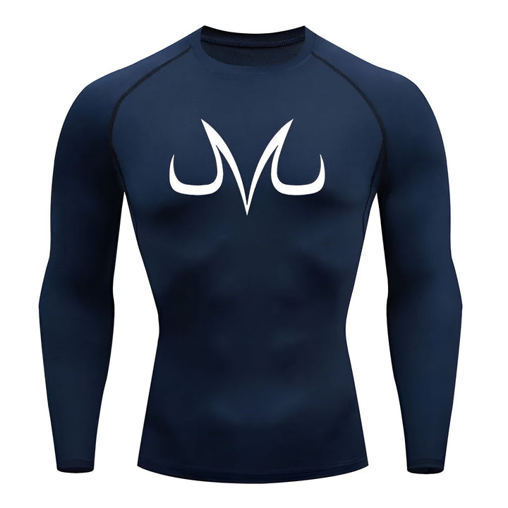 Une image d'un t-shirt moulant bleu marine à manches longues avec un symbole blanc de Majin Buu, un personnage de la série animée japonaise Dragon Ball Z.