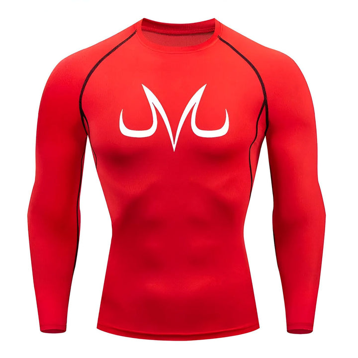 Une image d'un t-shirt moulant rouge à manches longues avec un symbole blanc de Majin Buu, un personnage de Dragon Ball Z.