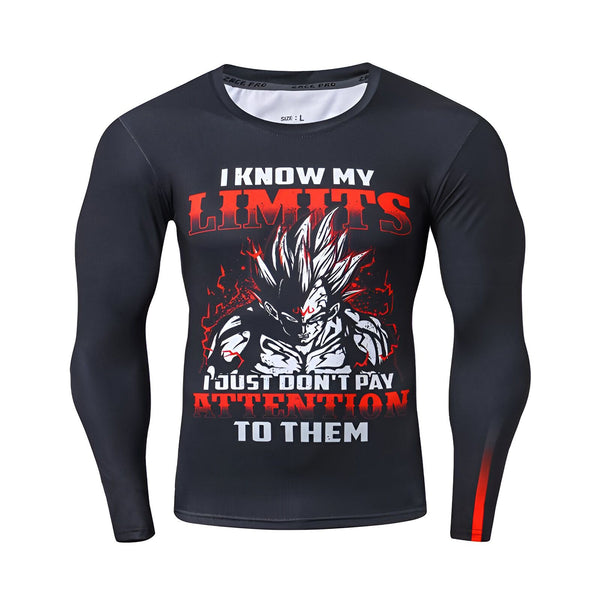 Une image d'un t-shirt noir avec un motif de Vegeta, un personnage de la série animée Dragon Ball Z. Le t-shirt est moulant et possède des manches longues. Il est écrit "I know my limits, I just don't pay attention to them" en anglais sur le t-shirt.,T--4099610632,T--4192845784,T--2635183023,T--4920177542,T--1779509103