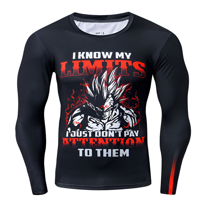 Une image d'un t-shirt noir avec un personnage de Dragon Ball Z, Vegeta, qui est en train de se battre. Il est entouré d'énergie bleue et jaune. Le texte sur le t-shirt dit "I know my limits, I just don't pay attention to them".,T--4099610632,T--4192845784,T--2635183023,T--4920177542,T--1779509103