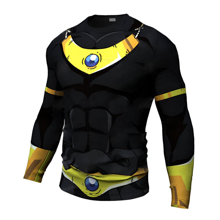 Une image d'un t-shirt moulant noir et jaune avec un col montant. Le t-shirt a un motif de musculature humaine et est orné de détails dorés.,T--6298075569,T--4284346121,T--9790680929,T--0416317502,T--0118506218,T--7845196649,T--9807221919