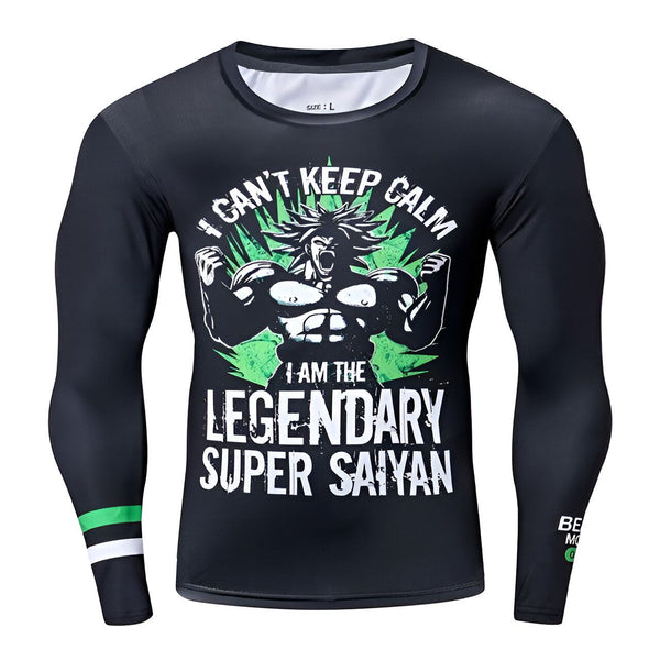 Une image d'un homme musclé avec les cheveux verts et portant une combinaison noire avec des détails verts. Il y a du texte écrit sur la combinaison : "I can't keep calm I am the legendary super saiyan".,T--9517007175,T--4423494582,T--0416211747,T--9062070795,T--5950953754