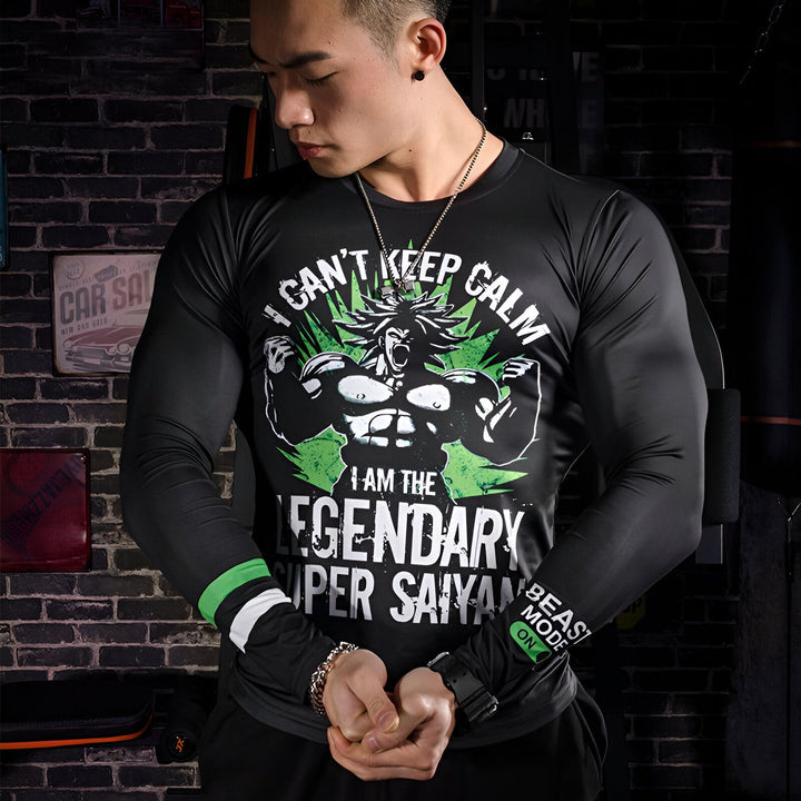 L'image montre un homme portant un t-shirt noir avec un imprimé vert. Le t-shirt représente un personnage de dessin animé, Broly, et le texte "I am the legendary super saiyan".,T--9517007175,T--4423494582,T--0416211747,T--9062070795,T--5950953754