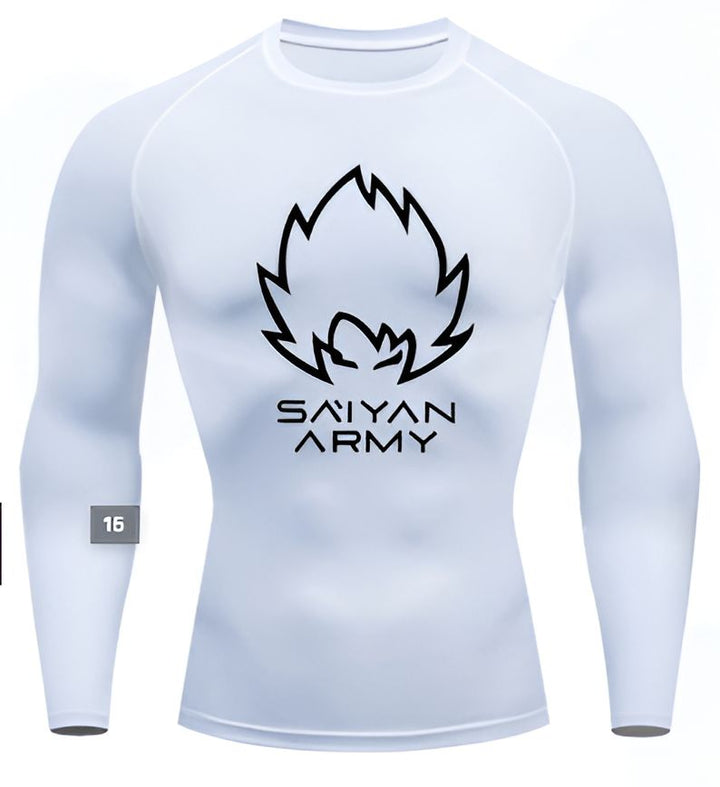 Une image d'un t-shirt blanc avec un logo de l'armée Saiyan. Le logo est noir et représente le visage de Goku, un personnage de la série animée Dragon Ball Z.,T--707367864X,T--0221896880,T--2665996405,T--6676851458,T--1790858194,T--8885030548,T--4973311979,T--1485353963,T--4683194546,T--9139295184,T--9529799012,T--2706375086