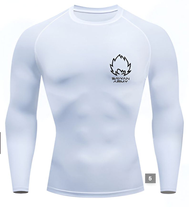 Une image d'un t-shirt moulant blanc avec le logo de l'armée Saiyan de Dragon Ball Z.,T--707367864X,T--0221896880,T--2665996405,T--6676851458,T--1790858194,T--8885030548,T--4973311979,T--1485353963,T--4683194546,T--9139295184,T--9529799012,T--2706375086