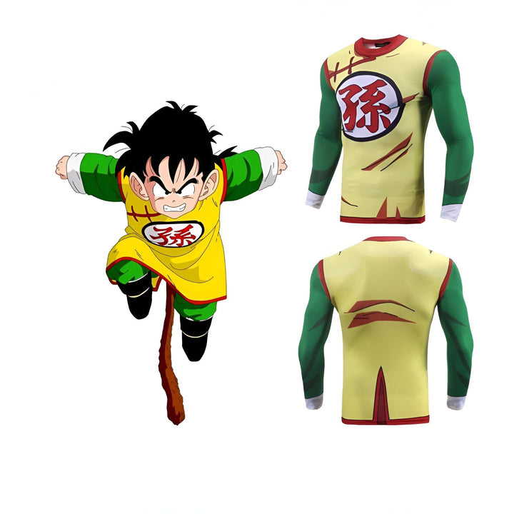 Une image d'un t-shirt Dragon Ball Z jaune et vert à manches longues avec un imprimé de Son Gohan.,T--0783321902,T--8661874343,T--6781028448,T--493565161X,T--9691161087,T--4941827333