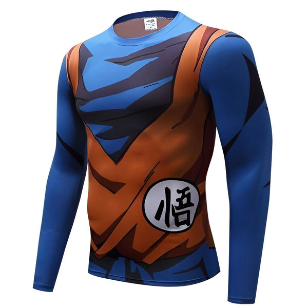 Une image d'un homme portant un t-shirt moulant bleu et orange avec un motif de Goku, un personnage de la série animée Dragon Ball Z.,T--8906611463,T--5413484437,T--624207298X,T--6461536043,T--0012900893,T--5468756234,T--8118269361,T--0550784969