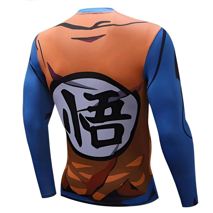 Une image d'un t-shirt moulant bleu et orange avec un symbole japonais noir et blanc au dos.,T--8906611463,T--5413484437,T--624207298X,T--6461536043,T--0012900893,T--5468756234,T--8118269361,T--0550784969