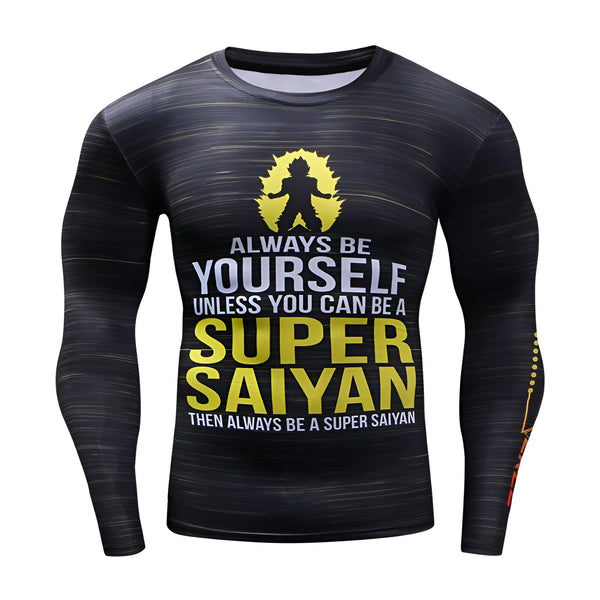 Une image d'un t-shirt noir avec des rayures grises et jaunes. Le texte sur le t-shirt est "Always be yourself unless you can be a super saiyan then always be a super saiyan".,T--649715552X,T--7910660375,T--5847967284,T--0991896122,T--5874652809