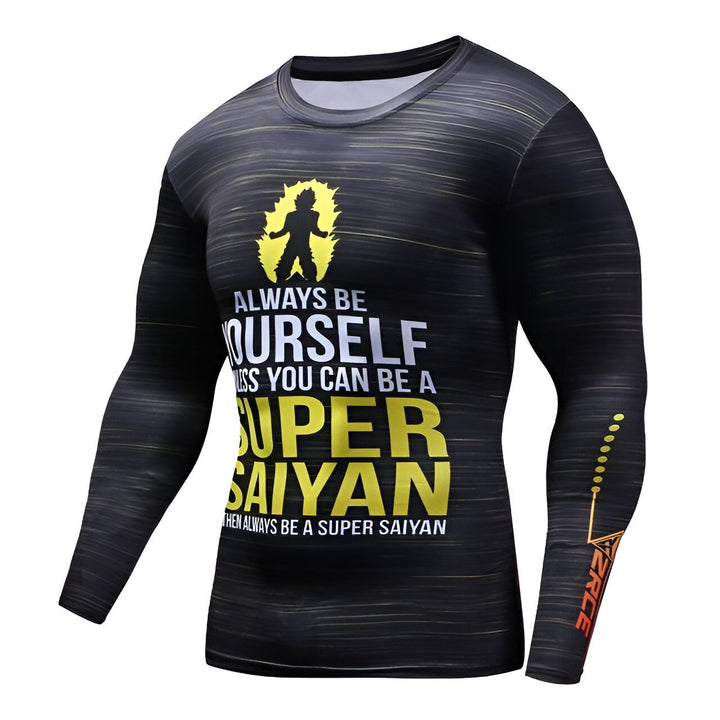 Une image d'un t-shirt noir à manches longues avec un imprimé jaune et orange. Le texte sur le t-shirt dit "Always be yourself unless you can be a super saiyan then always be a super saiyan".,T--649715552X,T--7910660375,T--5847967284,T--0991896122,T--5874652809