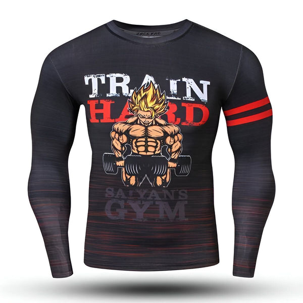 Une image d'un homme musclé avec des cheveux jaunes et portant une combinaison noire et rouge. Il est en train de soulever des haltères. Le texte sur la combinaison dit "Train hard Saiyans gym".,T--0876623224,T--2115446925,T--7783549241,T--8698563430,T--4045379827,T--3542155292