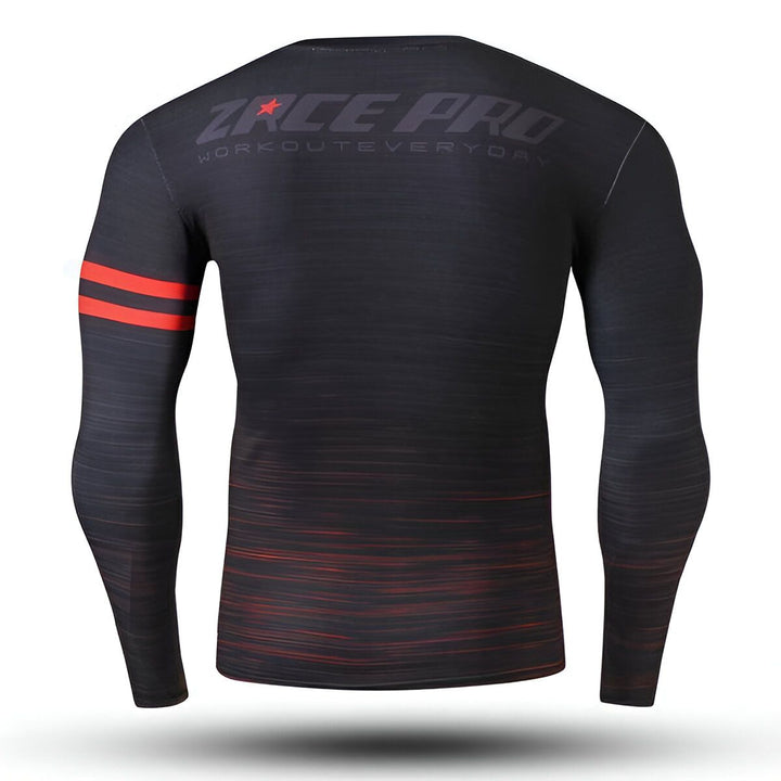 Une image d'un t-shirt de sport noir à manches longues avec des rayures rouges sur les côtés. Le texte "Zace Pro Workout Every Day" est écrit au dos en lettres blanches.,T--0876623224,T--2115446925,T--7783549241,T--8698563430,T--4045379827,T--3542155292