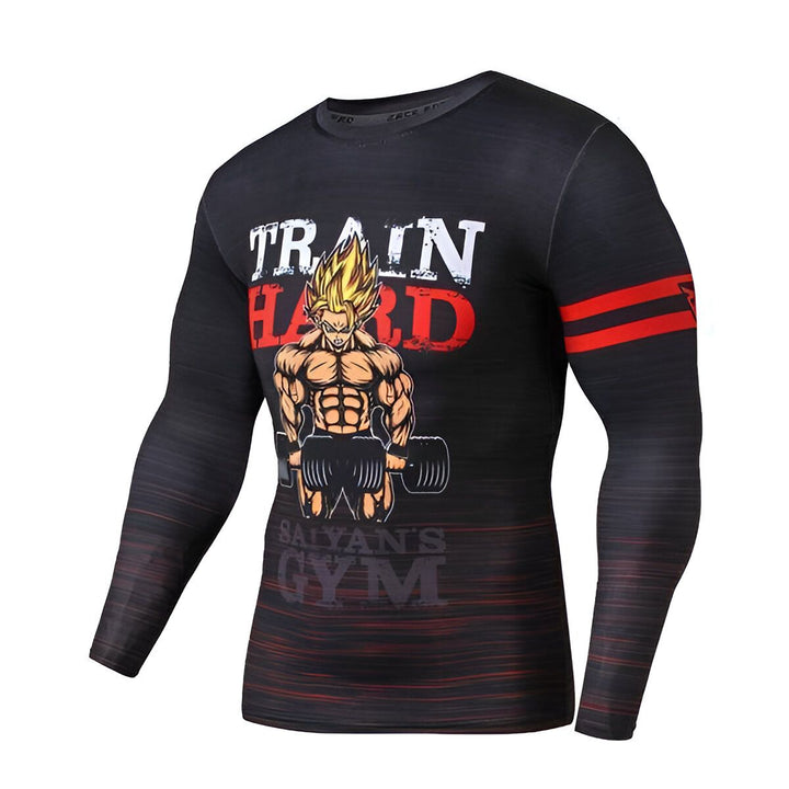 Une image d'un t-shirt noir avec un motif de Son Goku, un personnage de Dragon Ball Z. Il est écrit "Train hard" sur le t-shirt.,T--0876623224,T--2115446925,T--7783549241,T--8698563430,T--4045379827,T--3542155292
