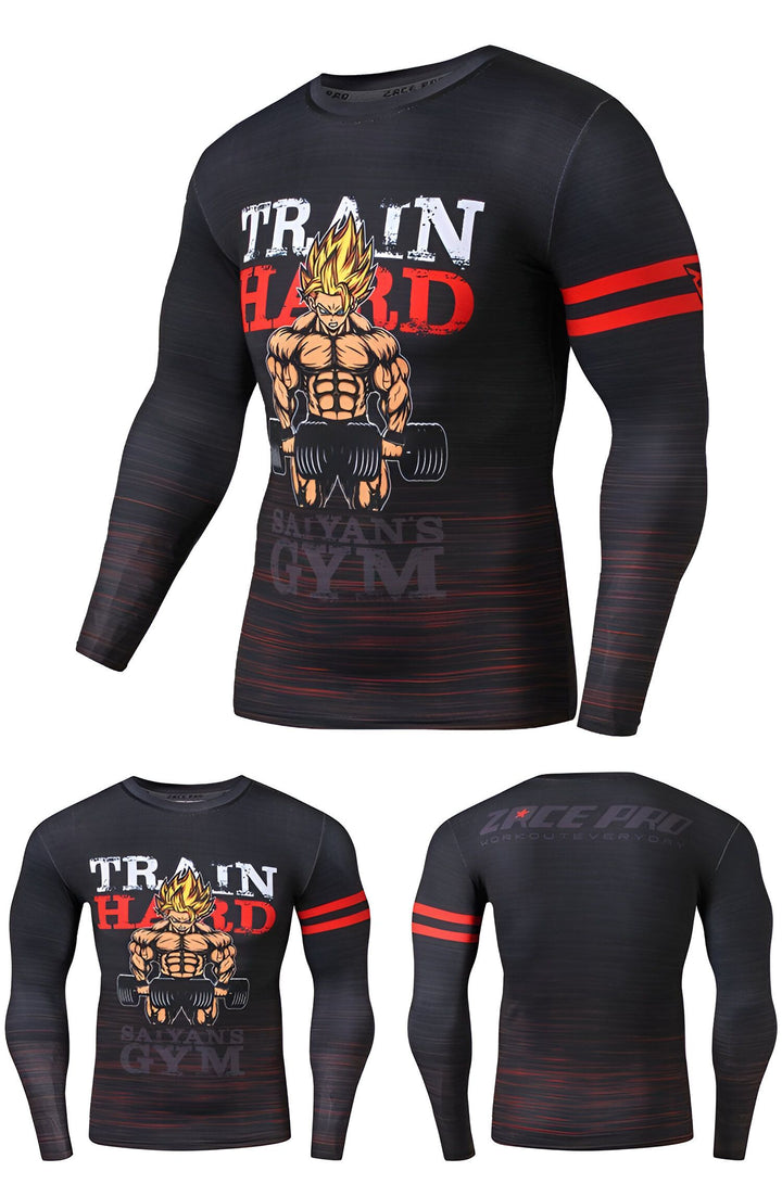 Une image d'un homme musclé avec des cheveux jaunes et des vêtements bleus et orange. Il est en train de soulever des poids. Il y a du texte sur l'image qui dit "Train hard Saiyan's gym".,T--0876623224,T--2115446925,T--7783549241,T--8698563430,T--4045379827,T--3542155292