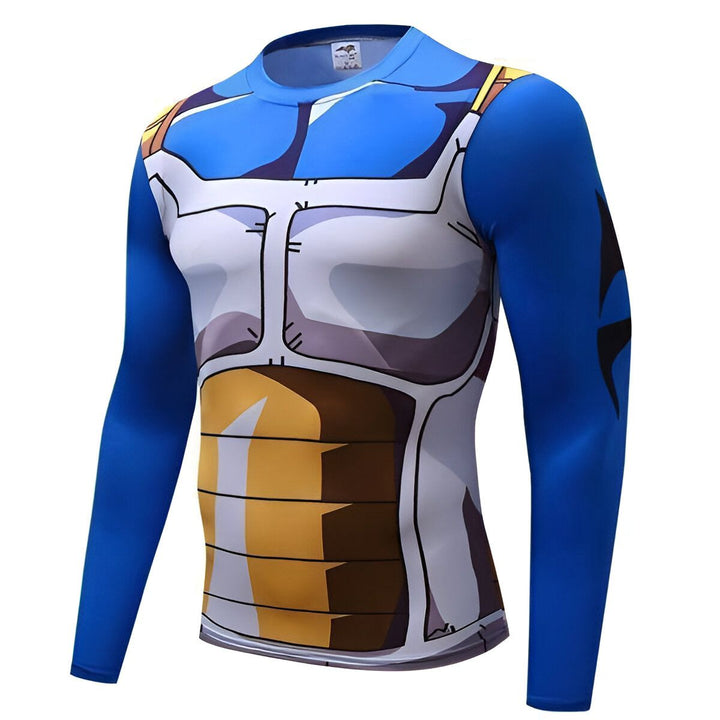 Une image d'un t-shirt moulant bleu et jaune avec des motifs représentant l'armure de Vegeta, un personnage de la série Dragon Ball Z.,T--2453639749,T--4465921020,T--0915781786,T--046328870X,T--6986265972,T--6225921923,T--2361302101