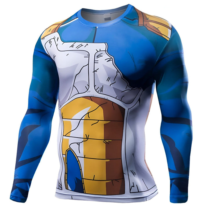 Une image d'un t-shirt moulant bleu et jaune avec des manches longues. Le t-shirt représente l'armure de Vegeta, un personnage de la série animée Dragon Ball Z.,T--2801481661,T--7086463302,T--5635298281,T--574353702X,T--7745914949,T--6839783294,T--9494316304
