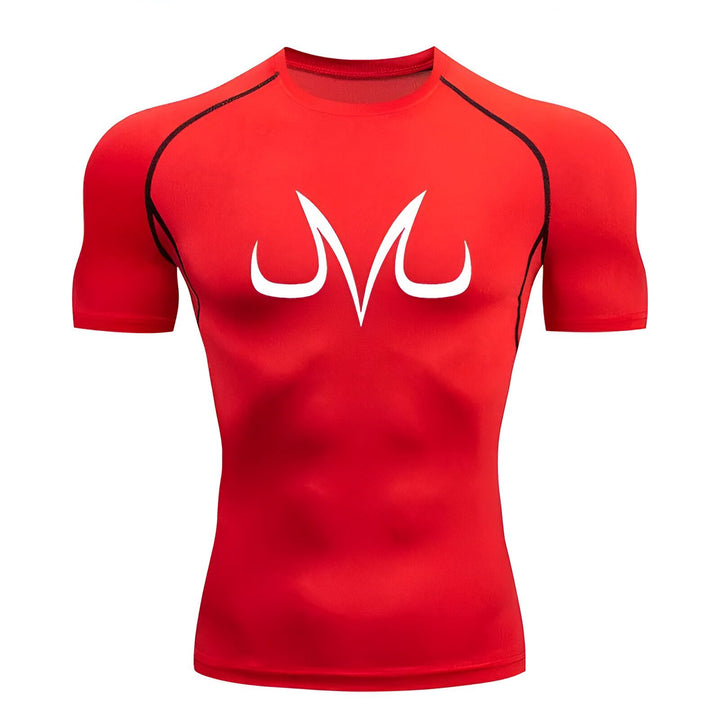 Une image d'un t-shirt moulant rouge avec un logo blanc de Majin Buu, un personnage de la série animée japonaise Dragon Ball Z.