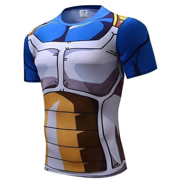 L'image représente un t-shirt moulant bleu et orange avec des motifs représentant l'armure de Vegeta, un personnage de la série animée Dragon Ball Z.,T--7754981467,T--3889706061,T--7477701953,T--7212430765,T--8012279207,T--9436392494