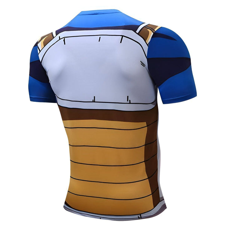 Une image d'un t-shirt moulant bleu et jaune avec un motif de Vegeta, un personnage de la série animée Dragon Ball Z.,T--7754981467,T--3889706061,T--7477701953,T--7212430765,T--8012279207,T--9436392494