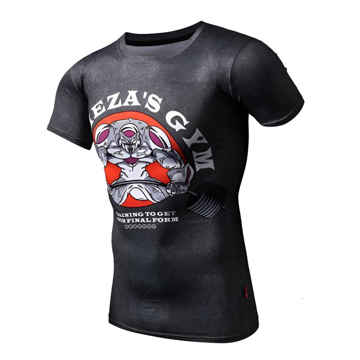 Une image d'un t-shirt noir avec un motif de Freezer, un personnage de Dragon Ball Z. Freezer est représenté en train de soulever des poids, avec le texte "Freeza's Gym" au-dessus de lui.,T--9281532212,T--0903241811,T--8666930411,T--4765311341,T--3951121424