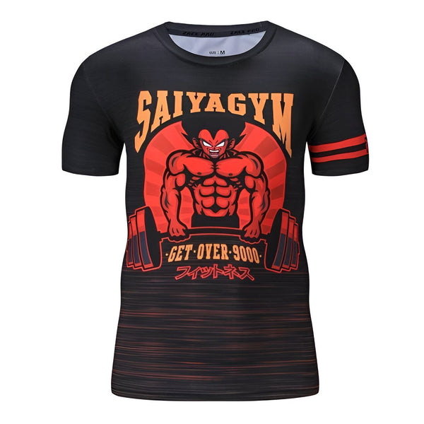 Une image d'un t-shirt noir avec un motif de Vegeta, un personnage de Dragon Ball Z. Il est représenté en train de soulever des poids et le texte "Saiyan Gym - Get Over 9000 - Fitness" est écrit au-dessus de lui.,T--5562081733,T--3270295308,T--3470085137,T--0116179511,T--6146581860