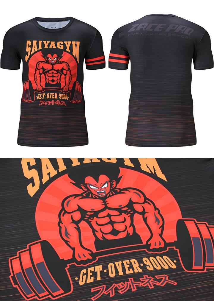 Une image d'un t-shirt d'entraînement noir avec une image de Vegeta, un personnage de la série Dragon Ball Z. Le t-shirt est également rouge et orange.,T--5562081733,T--3270295308,T--3470085137,T--0116179511,T--6146581860