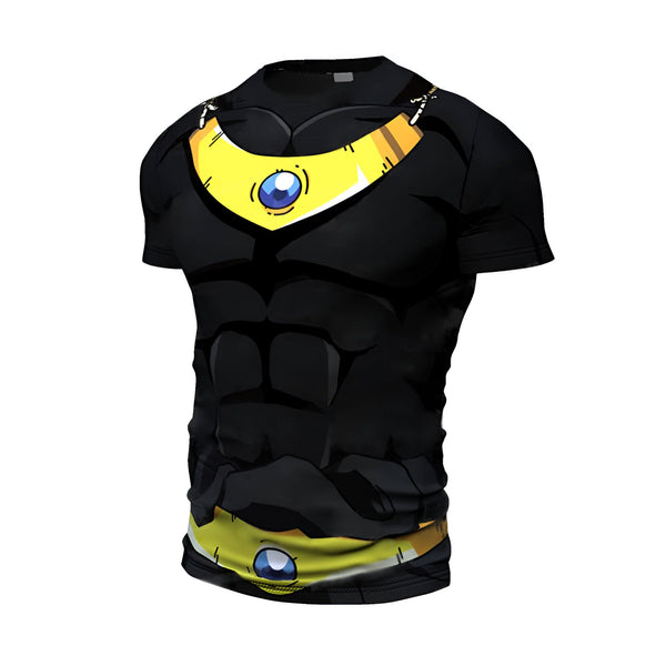 L'image représente un t-shirt noir et jaune moulant avec un col rond. Le t-shirt est imprimé avec des motifs dorés et bleus représentant les muscles du corps.,T--6641625664,T--0067814514,T--2439267937,T--7084177086,T--833997887X,T--1602795584,T--3111491609
