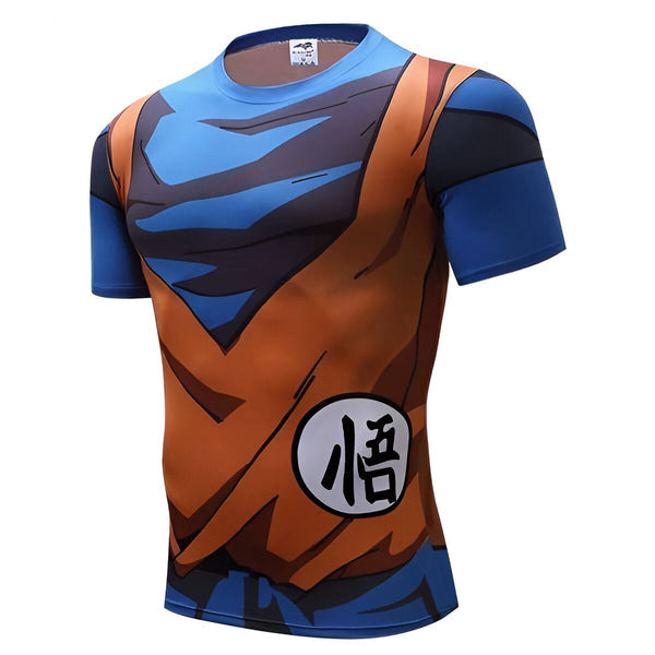 Une image d'un t-shirt moulant bleu et orange avec le logo "Goku" sur la poitrine.,T--7663222652,T--5989670826,T--9442091786,T--8470437577,T--7431847505,T--4599751499,T--9963113028,T--6402756075