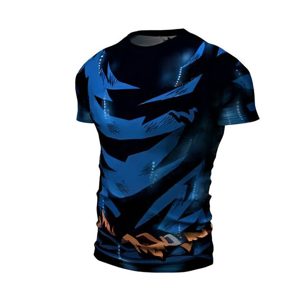 Voici un t-shirt moulant bleu et noir à manches courtes. Il est inspiré du personnage de Son Goku dans Dragon Ball Z.,T--0808780174,T--0862043565,T--0014577437,T--5089164657,T--801472366X,T--8904461588,T--6020856755