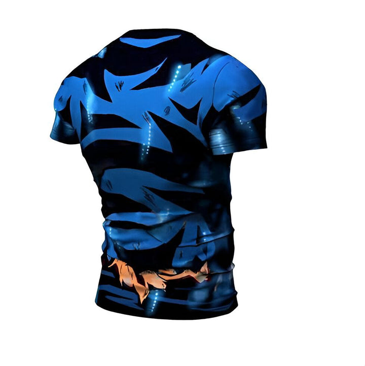 L'image représente un t-shirt moulant bleu avec des motifs orange et noirs.,T--0808780174,T--0862043565,T--0014577437,T--5089164657,T--801472366X,T--8904461588,T--6020856755