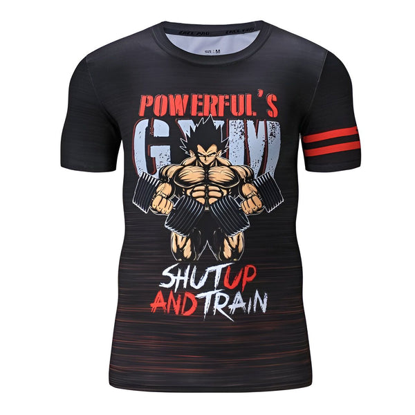 Une image d'un t-shirt noir avec un imprimé coloré représentant un personnage de dessin animé soulevant des poids. Le texte sur le t-shirt dit "Powerful Gym" et "Shut Up And Train".,T--2717040587,T--9637518568,T--7395457226,T--8248029999,T--8416759049