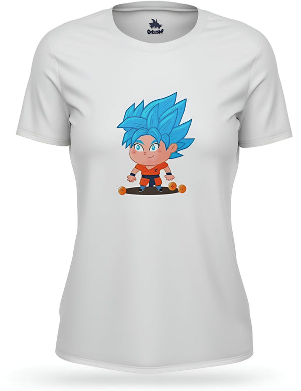 Une image de Son Goku, un personnage de la série animée Dragon Ball Z. Il est représenté avec ses cheveux bleus et sa combinaison orange. Il est en train de s'envoler et tient une boule de cristal dans chaque main.,T--6558077140,T--0360154379,T--9519035737,T--3840909376,T--029482250X