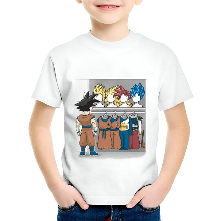 L'image représente un jeune garçon portant un t-shirt blanc avec un imprimé de Son Goku, un personnage de la série animée Dragon Ball Z. Le garçon est en train de choisir sa tenue pour la journée et hésite entre plusieurs perruques de couleurs différentes.,T--6645385099,T--1847304133,T--2696912807,T--7631961654,T--8776018873,T--4022267615,T--6143765553