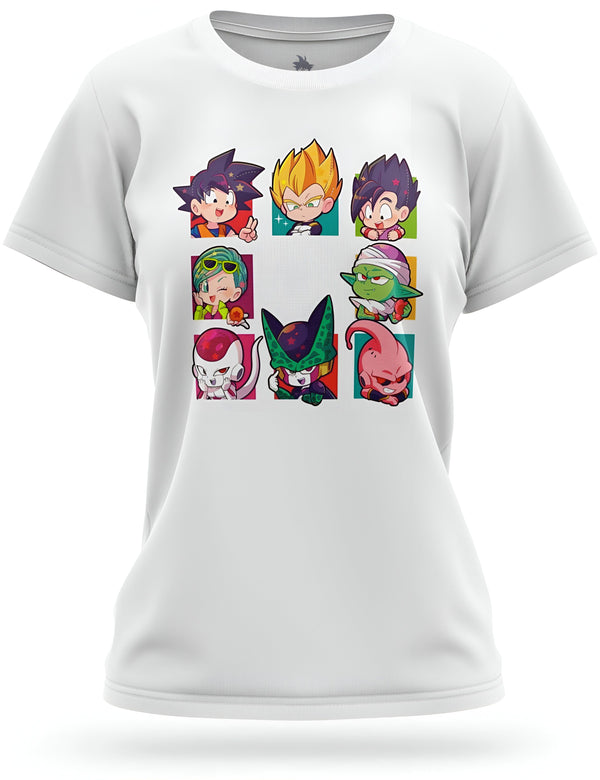 Le t-shirt blanc représente les personnages de la série animée Dragon Ball Z. On peut y voir Goku, Vegeta, Piccolo, Gohan, Trunks, Krilin, C-18 et Majin Buu.,T--0742507475,T--3902690534,T--9368977720,T--5557910980,T--955791825X,T--757381416X