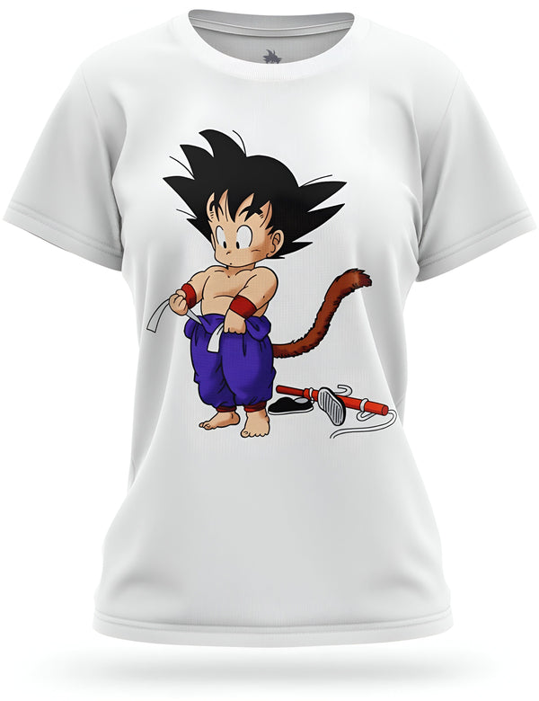 Une image de Son Goku, un personnage de Dragon Ball Z, en train de s'habiller. Il est torse nu et porte un pantalon bleu. Il a une queue de singe et des chaussures oranges.,T--8579945119,T--924669984X,T--9692421945,T--3572789893,T--7538330917,T--1686860870