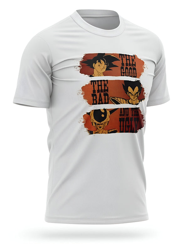 Le t-shirt blanc représente les personnages de la série animée Dragon Ball Z. 
En haut, Goku, le héros de la série, est représenté avec le texte "The Good". 
Au milieu, Vegeta, le prince des Saiyans, est représenté avec le texte "The Bad". 
En bas, Freezer, l'empereur de l'univers, est représenté avec le texte "The Ugly".,T--8500155205,T--7926796492,T--3283786542,T--5731782229,T--7634137103,T--7941609959