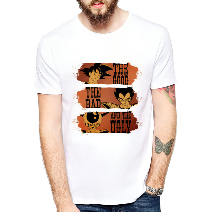 L'image représente un t-shirt blanc avec une illustration de trois personnages de la série animée Dragon Ball Z. 

Le personnage en haut est Goku, il est représenté de face avec un regard déterminé. 

En dessous à gauche, se trouve Vegeta, il est représenté de profil avec un regard傲慢. 

En dessous à droite, se trouve Freezer, il est représenté de face avec un regard menaçant.

Le texte "The Good, the Bad and the Ugly" est écrit en anglais en haut de l'image.