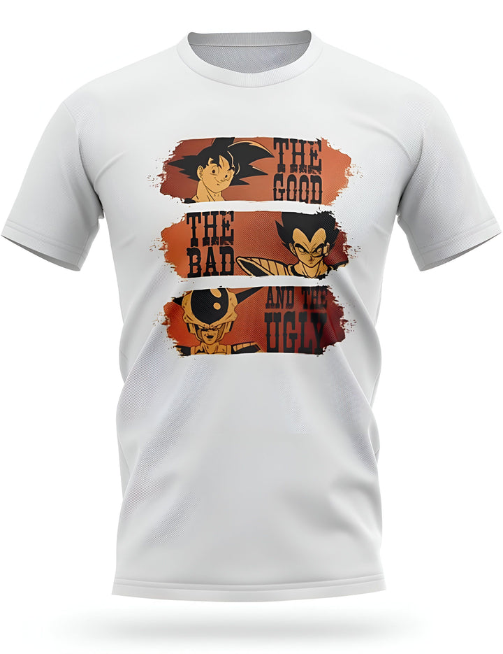 Le t-shirt blanc représente les personnages de la série animée Dragon Ball Z. 
En haut, Goku, le héros de la série, est représenté avec le texte "The Good". 
Au milieu, Vegeta, le rival de Goku, est représenté avec le texte "The Bad". 
En bas, Freezer, l'ennemi de Goku, est représenté avec le texte "The Ugly".,T--8500155205,T--7926796492,T--3283786542,T--5731782229,T--7634137103,T--7941609959