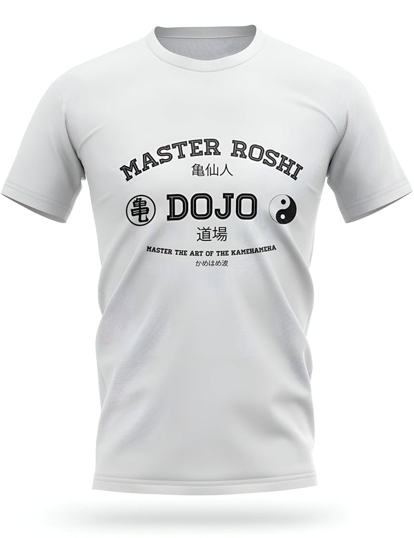 Une image d'un t-shirt blanc avec le texte "Master Roshi Dojo" écrit dessus. Le texte est écrit en japonais et en anglais. Il y a aussi un symbole yin-yang sur le t-shirt.,T--259473439X,T--3392561436,T--9496963749,T--4388772283,T--5667718758,T--0351573062
