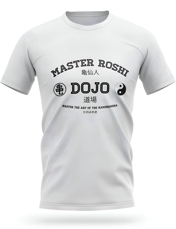 Une image d'un t-shirt blanc avec le texte "Master Roshi Dojo" écrit dessus. Le texte est écrit en japonais et en anglais. Il y a aussi un symbole yin-yang sur le t-shirt.,T--259473439X,T--3392561436,T--9496963749,T--4388772283,T--5667718758,T--0351573062