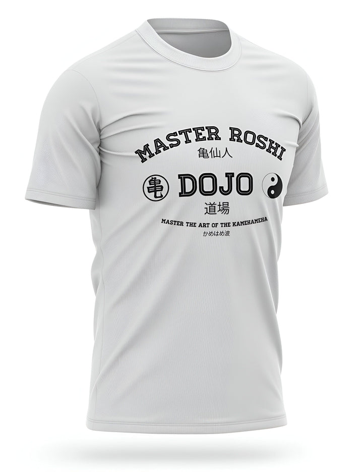 Une image d'un t-shirt blanc avec le texte "Master Roshi Dojo" écrit dessus. Le texte est écrit en japonais et en anglais. Il y a aussi un symbole de tortue sur le t-shirt.,T--259473439X,T--3392561436,T--9496963749,T--4388772283,T--5667718758,T--0351573062