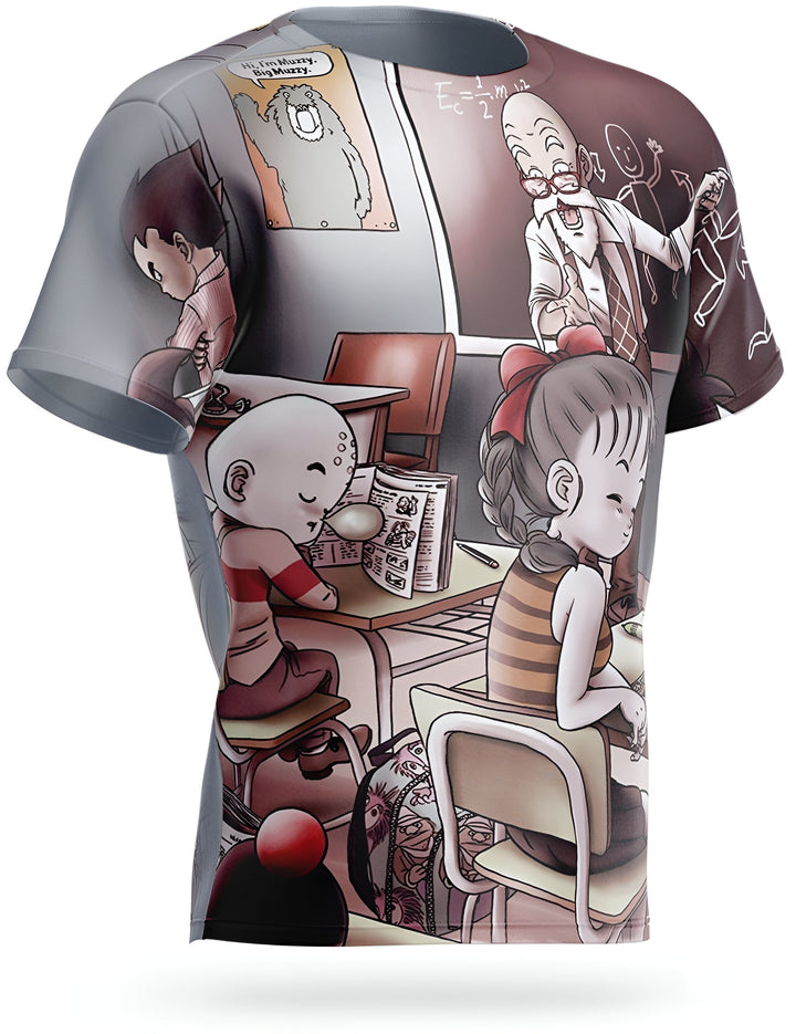 Une image d'un t-shirt avec un motif de Dragon Ball Z. On y voit Goku, Bulma et Krilin en train de suivre un cours à l'école.,T--9861482768,T--7623667416,T--7697117401,T--0326887903,T--3778063588,T--4850118585,T--906476624X,T--9890234246