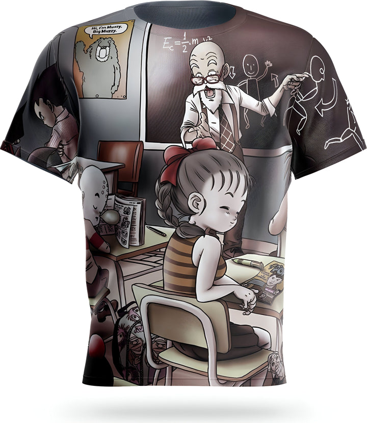 Une image d'un t-shirt avec un motif d'un professeur et de ses élèves en classe. Le professeur est en train d'écrire une équation au tableau et les élèves sont en train de travailler sur leurs pupitres.,T--9861482768,T--7623667416,T--7697117401,T--0326887903,T--3778063588,T--4850118585,T--906476624X,T--9890234246