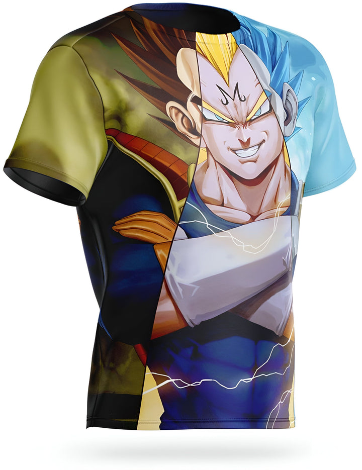 Le t-shirt représente les personnages de la série animée Dragon Ball Z. On y voit Vegeta, le prince des Saiyans, qui est un personnage important de la série. Il est représenté avec ses cheveux blonds et ses yeux bleus. Il porte une armure bleue et jaune. On voit également Son Goku, le personnage principal de la série. Il est représenté avec ses cheveux noirs et ses yeux bleus. Il porte une combinaison orange et bleue. Enfin, on voit Trunks, le fils de Vegeta et Bulma. Il est représenté avec se