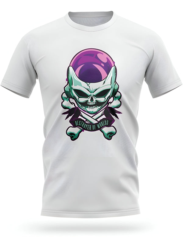 L'image représente un t-shirt blanc avec un motif de crâne de Freezer, un personnage de la série Dragon Ball Z. Le crâne est entouré de deux os en croix et le texte "Destroyer of Worlds" est écrit en dessous.,T--7138275315,T--7852038093,T--9720276215,T--5868309200,T--9358899891,T--9942799338