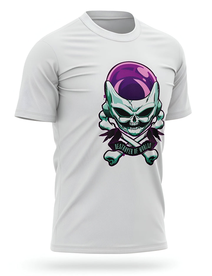 L'image représente un t-shirt blanc avec un motif de Freezer, un personnage de la série Dragon Ball Z. Freezer est représenté avec un crâne et des ossements croisés, et le texte "Destroyer of Worlds" est écrit en anglais en dessous.,T--7138275315,T--7852038093,T--9720276215,T--5868309200,T--9358899891,T--9942799338