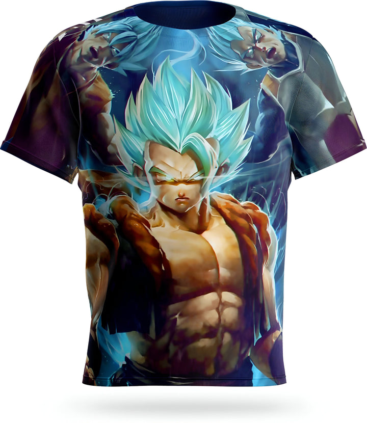 L'image représente un t-shirt bleu avec un personnage de dessin animé japonais, Son Goku, en train de se battre. Il est entouré d'énergie bleue et jaune.,T--538529697X,T--0389141100,T--6156313516,T--2569185132,T--9063055439,T--0089511816