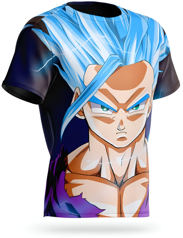 Le t-shirt représente le personnage de Son Gohan, un personnage de la série animée Dragon Ball Z. Il est vêtu d'une combinaison de combat bleue et violette et a les cheveux bleus. Il est en position de combat et semble prêt à attaquer.,T--0469543345,T--5301491601,T--8864531203,T--1891121480,T--5442704903,T--1057743607,T--4137605661,T--3614457613