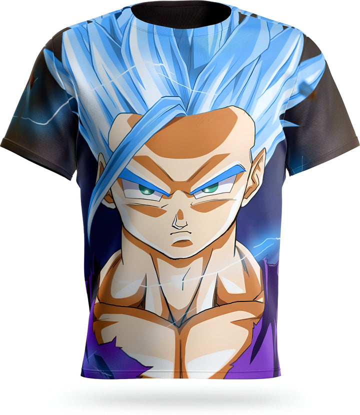 L'image représente un t-shirt bleu avec un personnage de dessin animé japonais, Son Gohan, qui a les cheveux bleus et les yeux verts. Il est en train de se mettre en colère et il y a des éclairs autour de lui.,T--0469543345,T--5301491601,T--8864531203,T--1891121480,T--5442704903,T--1057743607,T--4137605661,T--3614457613